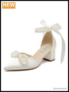 Satin Pearl Block Heel Wedding Pumps Pointed Toe Bridal Heels
